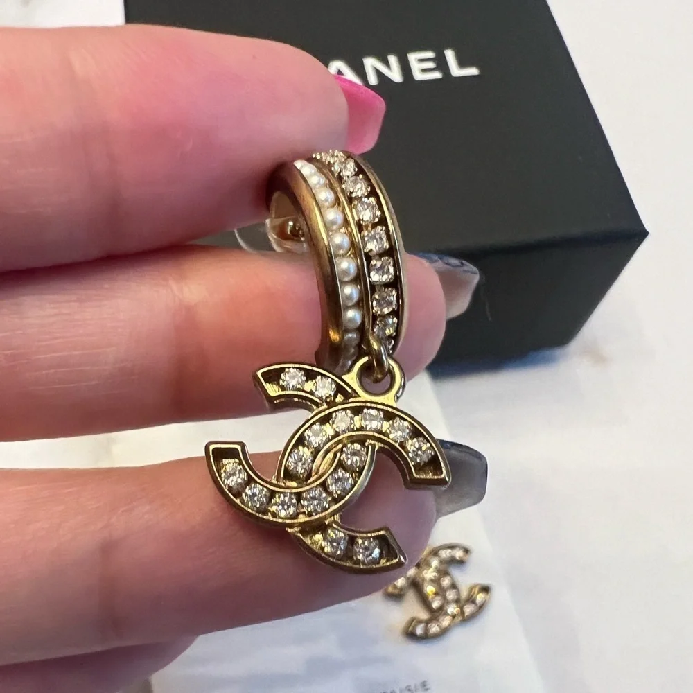 CHANEL Gold and Pearl Crystal CC Drop Earrings